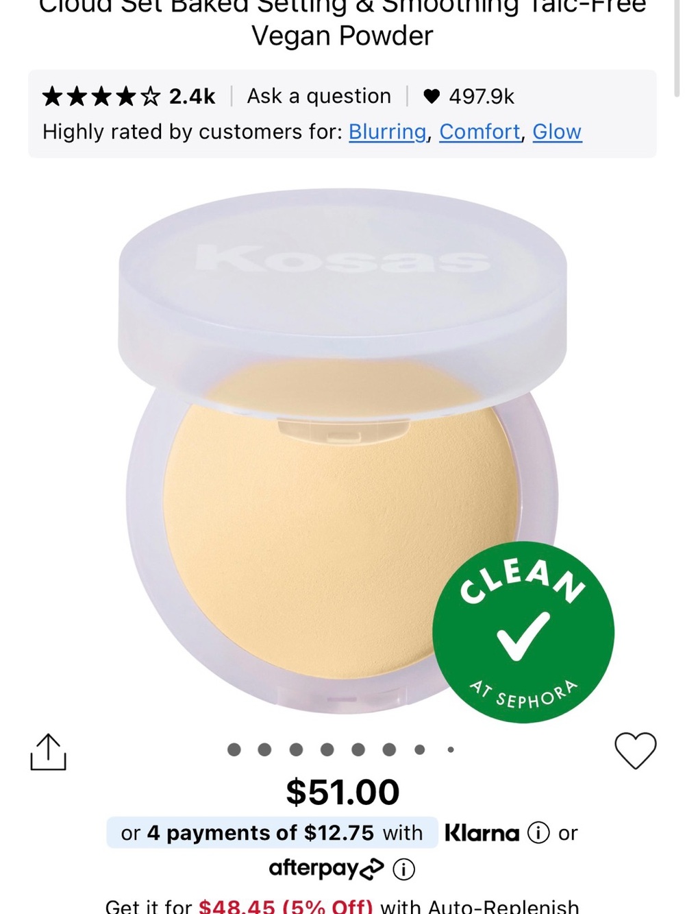 Kosas Cloud Set Baked Setting & Smoothing Talc Free Vegan Powder - Buttery - Picture 6 of 6